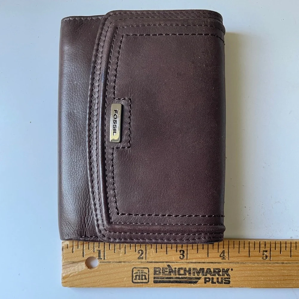 Y2K Vintage FOSSIL Brown Genuine Leather Trifold Wallet Organizer Card Slot Coin - Picture 4 of 9